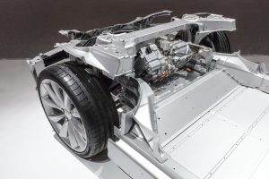 Tesla Model S full electric engine on a chassis